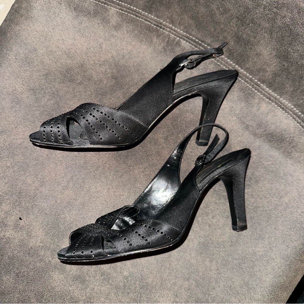 NINA Women’s Black Satin & Rhinestone Peep Toe Slingback Heels